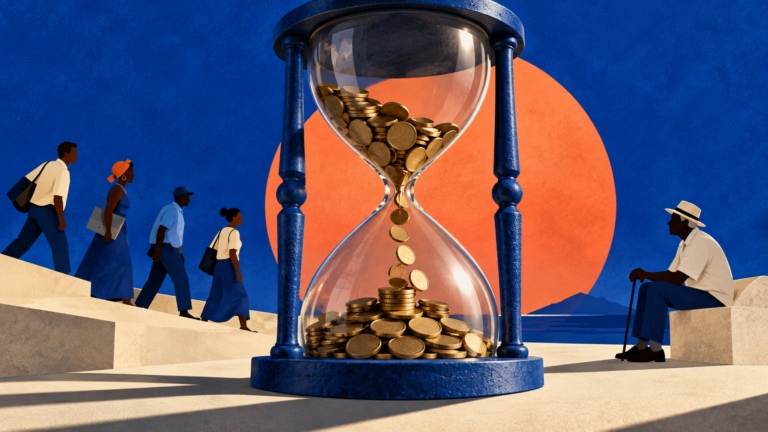 Ampulheta com moedas entre trabalhadores e um idoso, ilustrando o sistema de pensões em Cabo Verde